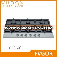 FA65 stainless steel super flame built in gas hob spare parts gas stove 6 burner